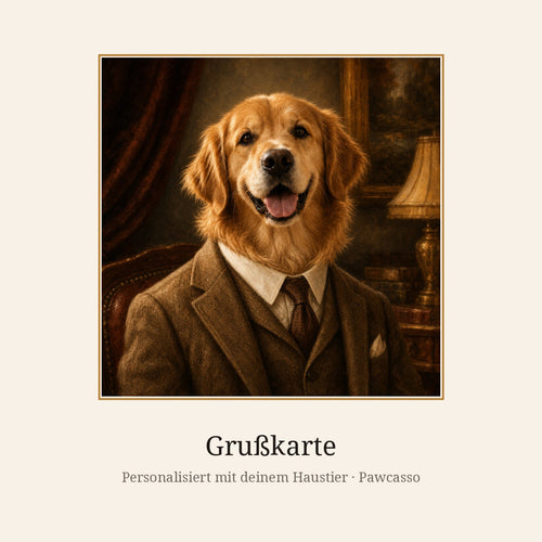 Personalisierte Haustier-Grußkarte im KI-Kostüm